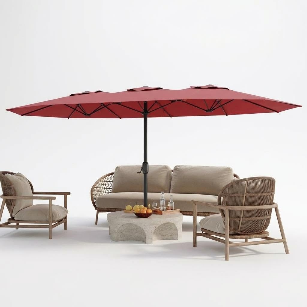 GarveeHome 15Ft Large Outdoor Patio Umbrella, Double-Sided Market Umbrella, No Base Included, Rectangular Table Umbrella for Poolside, Lawn, Backyard