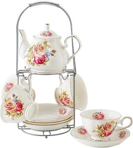 Juego de té de cerámica europeo de 9 piezas, juego de café de servicio de té de porcelana de hueso con soporte de metal, para boda y regalo, pintura