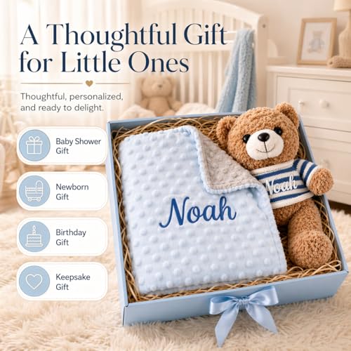 Image of Personalized Baby Blanket with Bear Set for Baby Boy Gift | Custom Baby Blanket with Name, Custom Blankets & Teddy Bear Gift Set for Birthday, Flannel Dot Swaddle for Baby Shower Gifts