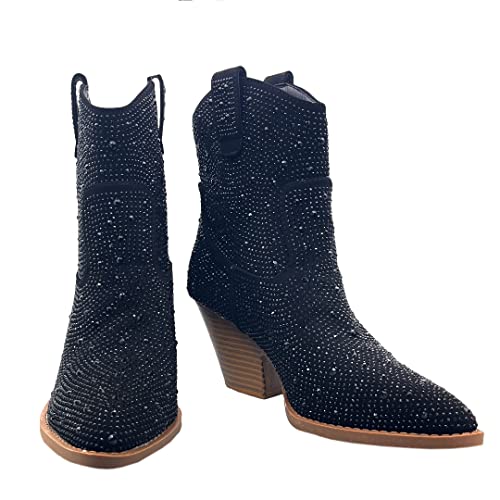 Image of ABSOLEX Women Western Cowgirl Cowboy Pointed Toe Rhinestone Ankle Booties