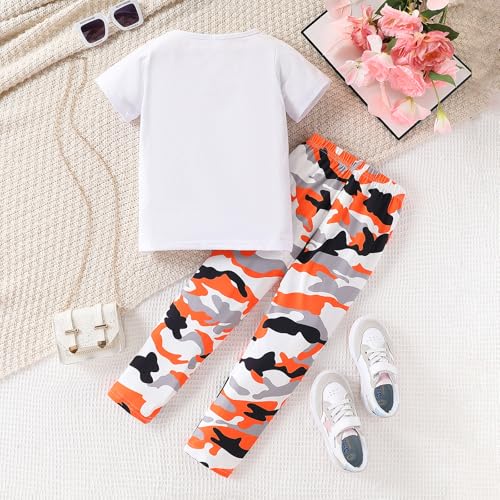 Image of 2PC Kids Outfit Toddler Girls Clothes Figure & Letter Print Short Sleeve Top + Camo Print Pants Set(7-8T)