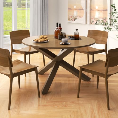 Image of Giantex 47 inch Round Dining Table with Intersecting Acacia Wood Legs, Adjustable Foot Pads, 500Lbs Capacity, Mid Century Kitchen Table for 4-6 Person Dinner, Dinette, Dining Room, Restaurant