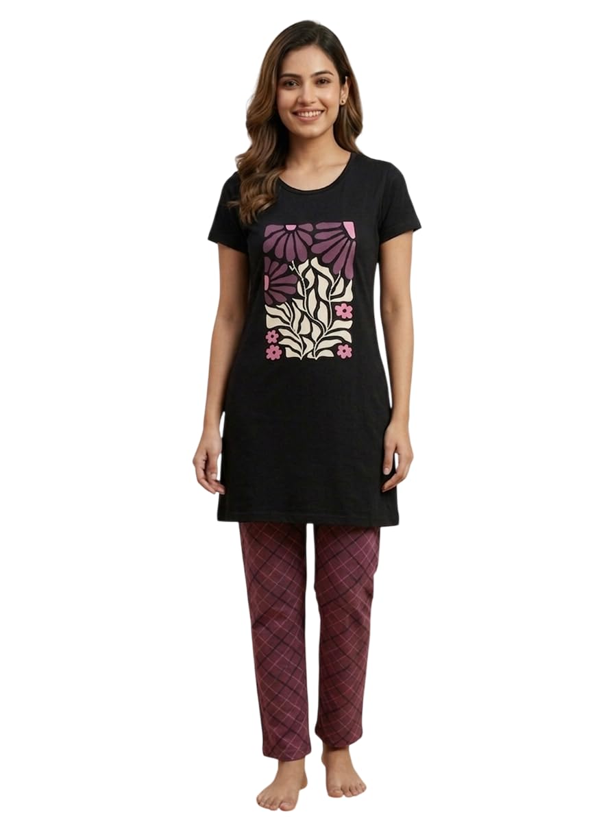 Women’s Printed Cotton Blend Nightsuit Set | Floral Graphic Half Sleeve Nightwear with Checked Pyjama for Women & Girls-image-8