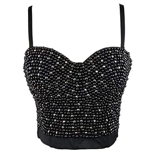 Ellacci Women's Diamond Pearls Beaded Rhinestone Bustier Crop Top Corset Tube Top Black Medium #TOP7