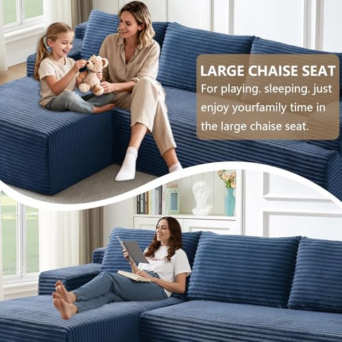 Image of 96.1 inch Modular Sectional Sofa Couches L-Shape Couch 3 Seat Modular Sofa Corduroy Memory Foam Sectional Boneless Couches for Living Room, Cloud Couch with Oversized Chaise(Blue, Left Facing)