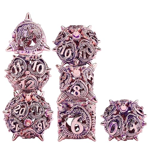 AUSTOR 7 Pieces DND Dice Set Metal Dragon Hollow Polyhedral Dice D20 D12 D10 D% D8 D6 D4 with Metal Box for Dungeons & Dragons RPG Board Games (Violet & Gold) -  AU-23-1142