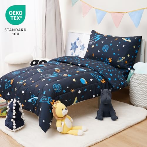 Image of david's kids 4 Piece Toddler Bedding Set - Soft Breathable Toddler Bedding Set for Boys Girls, Includes Quilted Comforter, Flat Sheet, Fitted Sheet and Pillowcase, Space