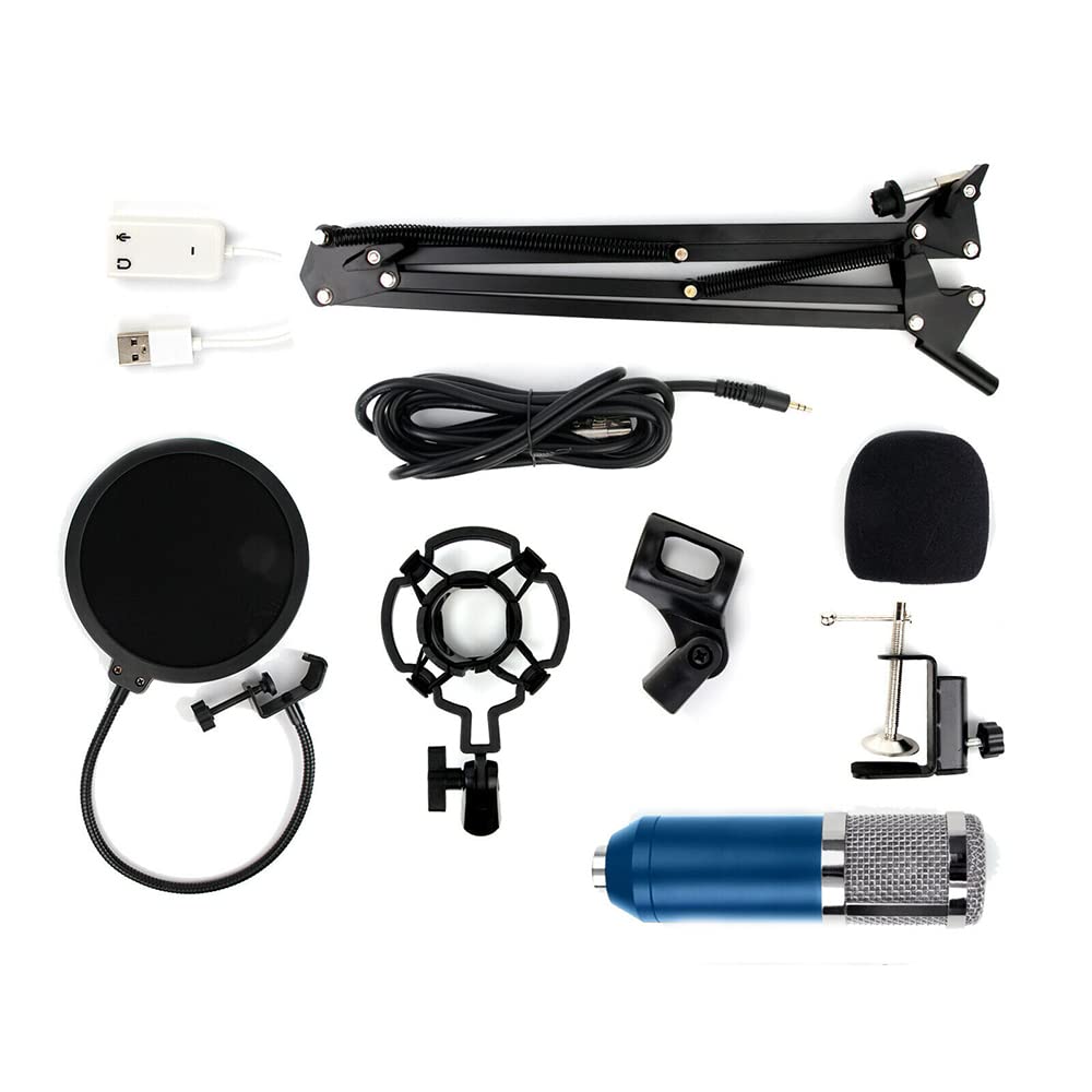 BM800 Condenser Microphone Studio Cardioid Microphone Kit with Phantom Power and Sound Mixer for Studio Recording Broadcasting (Blue + Sliver)