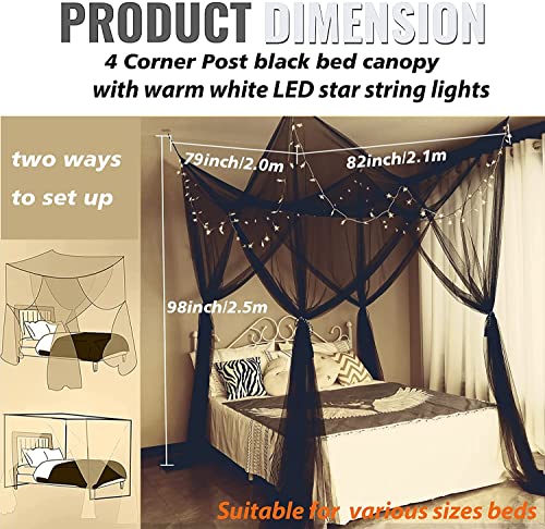 Black Bed Canopy With Lights, 100 Led Star String Lights Canopy Bed Curtains For Girls, 4 Corner Elegant Princess Bed Canopy Battery Operated For Gothic Room Twin To King Size Halloween Bed Decoration #TOP4