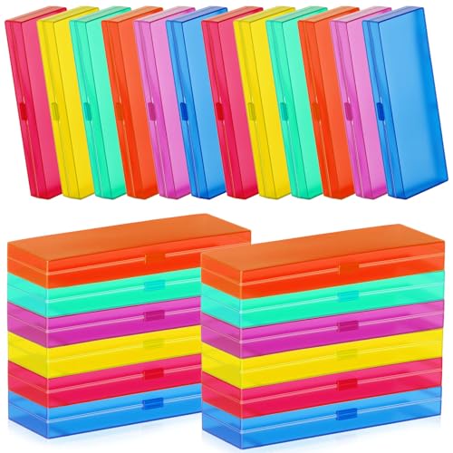 Image of Fainne 24 Pcs Plastic Pencil Case Bulk Pencil Boxes Plastic Stationery Case Frosted Pen Box Pen Holder with Hinged Lid Snap Closure for Office(Single Layer,Assorted Colors,7.09 x 2.36 x 0.98 Inch)