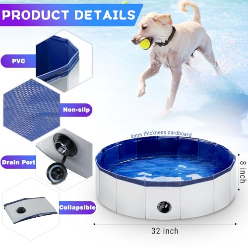 StarOcean Foldable Dog Pool, Kiddie Pool Hard Plastic Pool for Kids, Swimming Pool for Dogs, Collapsible Pool Dog Bathing Tub, Portable Dog Pool,Pets Wading Pool for Small Dogs,Cats(32 x 8 Inch,Grey)