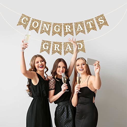 Image of Pre-Strung Congrats Grad Banner - Gold Glitter Graduation Party Banner | No DIY - Pre-Strung on 6 ft strands - Gold Congrats Grad Graduation Party Decorations - Class of 2026 High School or College