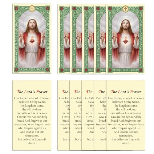 ESNOY 10 Pack Sacred Heart of Jesus Prayer Cards – Catholic Sagrado Corazón de Jesús The Protector – Holy Card with The Lords Prayer