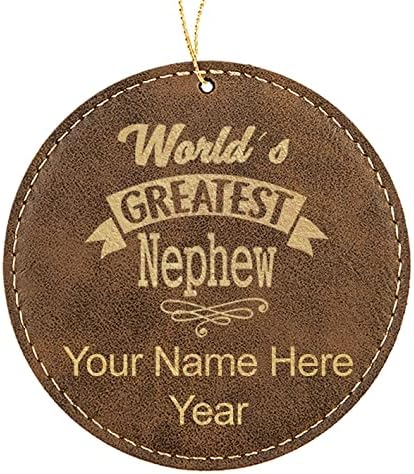 LaserGram Personalized Christmas Ornament, World's Greatest Nephew, Faux Leather, Custom Laser Engraved Gift Idea (Round Shape, Rustic)