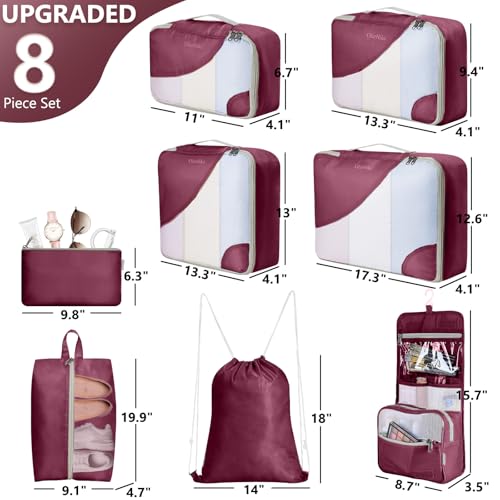 Image of 8 Set Packing Cubes for Travel, Gifts for Women Mom,Anti-Tearing Suitcase Organizer for Luggage with Shoe & Hanging Toiletry Bag,OlarHike Vacation Essentials & Accessories for Cruise Ship,Wine