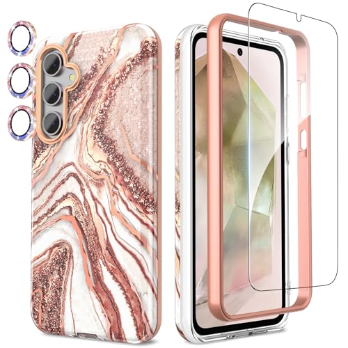 SHEDEER for Samsung A55 5G Case with Screen Protector + Bumper & Camera Protector, TPU Shockproof 360° Protection, Galaxy A55 5G Case Glossy Fade-Resistant Pattern Phone Case A55 5G, Rosegold