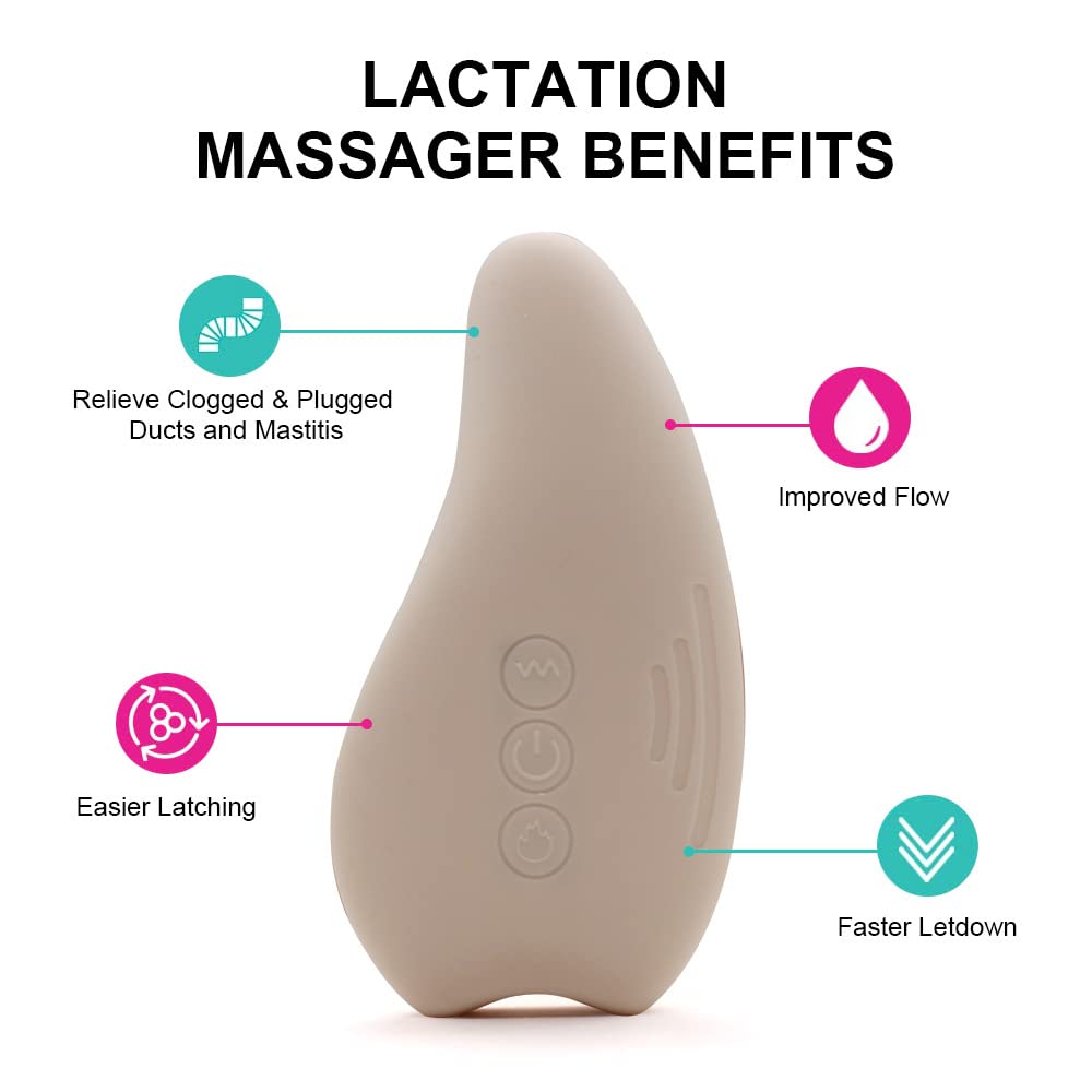 Masajeador de lactancia con calor, masajeador de pecho de silicona suave, calor + vibración para canales obstruidos, flujo de leche mejorado después del parto