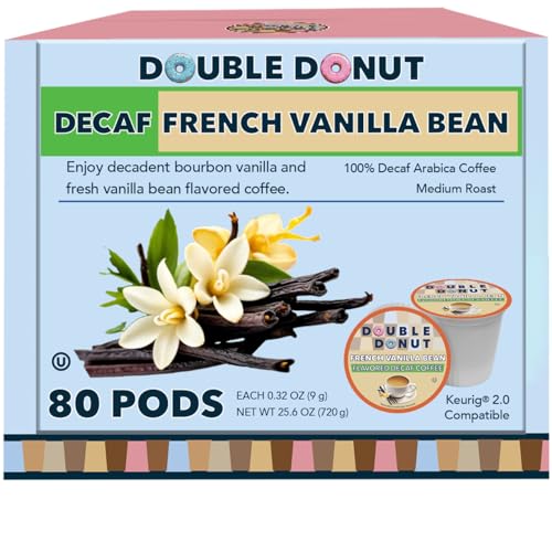 Double Donut Coffee Decaf French Vanilla Coffee Pods, Medium Roast Single Serve French Vanilla Bean Decaf Flavored Coffee Pods For Keurig K Cup Brewers, 80 Count