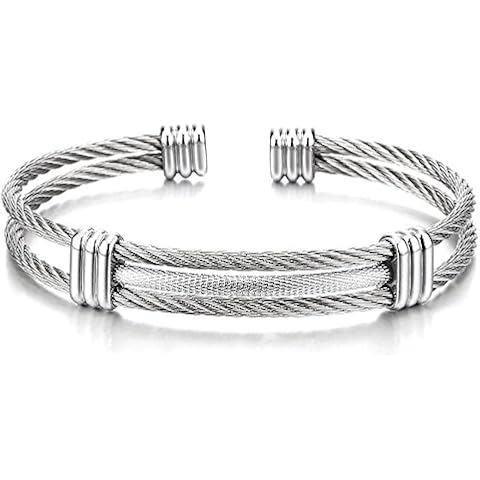 COOLSTEELANDBEYOND Stainless Steel Twisted Cable Adjustable Bracelet Cover