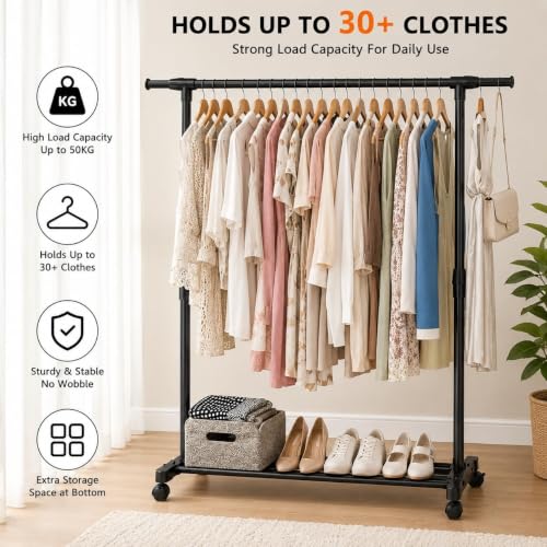 Image of 𝗞𝗢𝗦𝗠𝗘𝗥 Heavy-Duty 𝗠𝗲𝘁𝗮𝗹 Hanger Stand for 𝗖𝗹𝗼𝘁𝗵𝗲𝘀 Hanging, Garment 𝗦𝘁𝗮𝗻𝗱 𝗥𝗮𝗰𝗸 Clothe Storage Freestanding 𝗖𝗹𝗼𝘁𝗵 𝗛𝗮𝗻𝗴𝗶𝗻𝗴 Stand for Bedroom, Entryway, Living Room