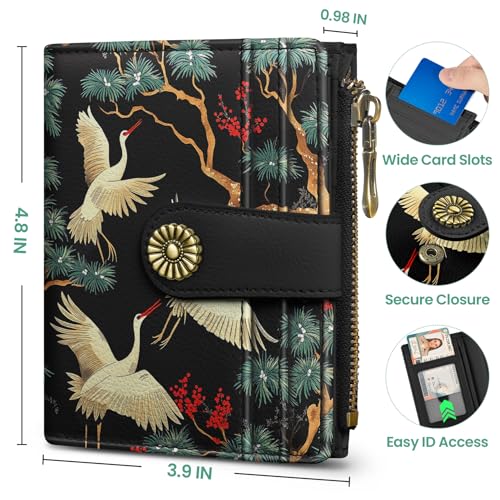 Image of Small Wallet for Women, RFID Blocking Bifold Card Holder Wallet with 10 Card Slots, Cash Compartment, Zipper Coin Pocket & ID Window, Cute Soft Vegan Leather Compact Wallet, Crane