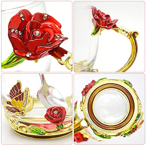 Mothers Day Gift For Mom Enamel Glass Mug Fancy Flower Tea Cup Glass Coffee Mug 11 Oz With Spoon Valentines Day Birthday Graduation Gifts 2023 Bridesmaid Gifts Teacher Appreciation Gifts (Red) #TOP1