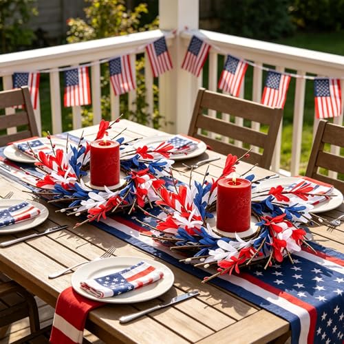 Image of 4 PCS Patriotic American Candle Rings Wreaths 4th of July Red White and Blue Floral Candle Rings Holder with Forsythia Flowers Mini Independence Day Wreath for Party Home Table Centerpiece Decor