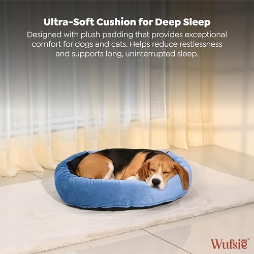 Image of Velvet Dog Bed in Round Shape | Medium 70 Cm | Premium Velvet Pet Bed for Cats and Puppies | Soft & Cozy Sleeping Bed for Dog with Removable Insert | Black & Sky Blue