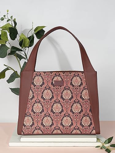 Image of ZOUK Printed Jute Handcrafted Vegan Leather Grey Women's Stylish Tote Bags | Trapezia Tote| Shoulder bag with double handle