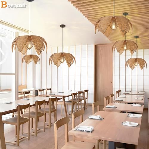 Image of Artica Farmhouse Rattan Chandelier- 1 - Light Hand-Woven Wicker Pendant Light Fixture, Boho Hanging Ceiling Lamp for Dining Room, Kitchen Island, Bedroom & Living Room