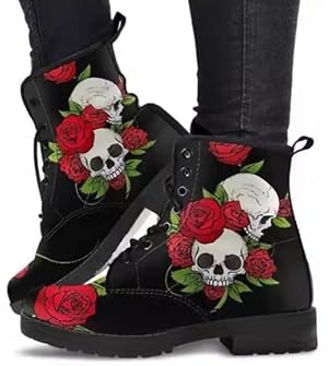 Chunky Heel Platform Leather Boots Multi-color Gothic Print Boots for Men Womens Lace-Up Skull Rose Ankle Booties