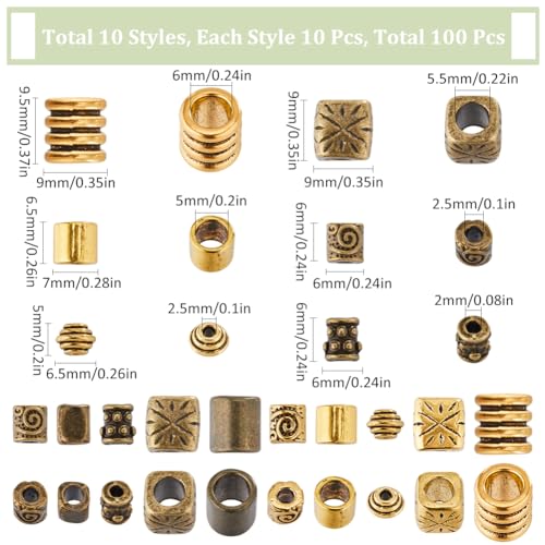 SUNNYCLUE 1 Box 100Pcs 10 Styles Metal Spacer Beads Tibetan Style Alloy Spacer Beads Column Rondelle Barrel Vintage Antique Bronze Gold for Jewellery Making Supplies DIY Necklaces Bracelets - Image 2