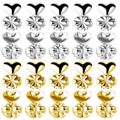 NILLOS Metal Earring Backs, 40 PCS Adjustable Earring Lifters for Heavy Earring, Droopy Ears (Golden, Silver)