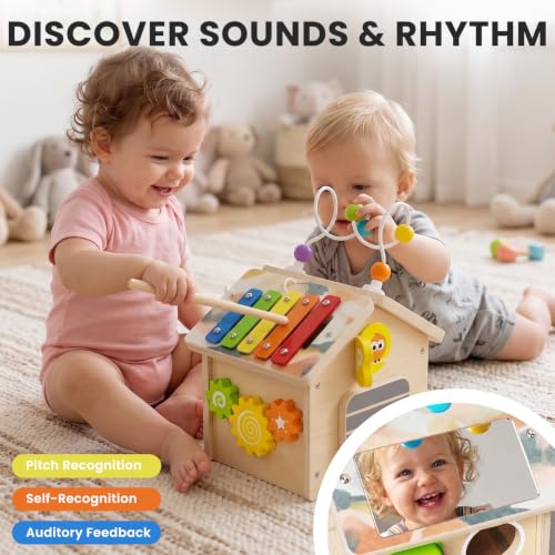 Image of 9-in-1 Wooden Activity Cube, Montessori Baby Activity Center Toys for 1+ Year Old Boys & Girls, Farm Theme Baby Cube with Car Toys & Shape Sorter, Educational Toy for Toddlers, Ideal Baby Gifts