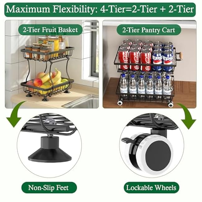 Fruit Basket, 4-Tier Small Kitchen Organizer and Storage Cart on Wheels, Rolling Pantry Snack Cart with Handle for Storing Fruit, Potato, Onion, Snacks, Vegetables, Bread, Produce-mB6z3s8y