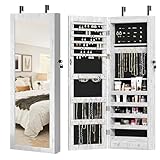 sogesfurniture Lockable Wooden Jewelry Cabinet Mirror Cabinet Chest Armoire Wardrobe Storage Organizer, Armoire Organizer with 6 LED Light, White BHCA-QH-7025