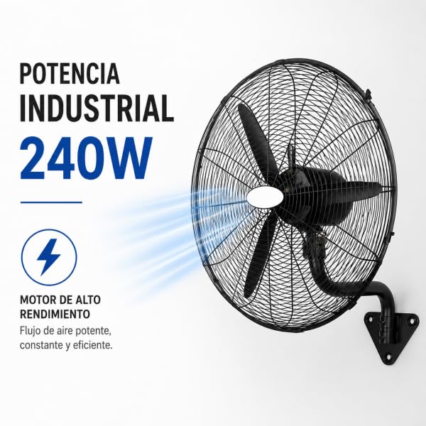 Bilake Ventilador Industrial Pared Negro Metal | Oscilante, Orientable y Ajustable | 3 Velocidades, 3 Palas, Silencioso | Almacenes, Gimnasios, Colegios, Fábricas (Ø71 cm | 240W | Botones Integrados)