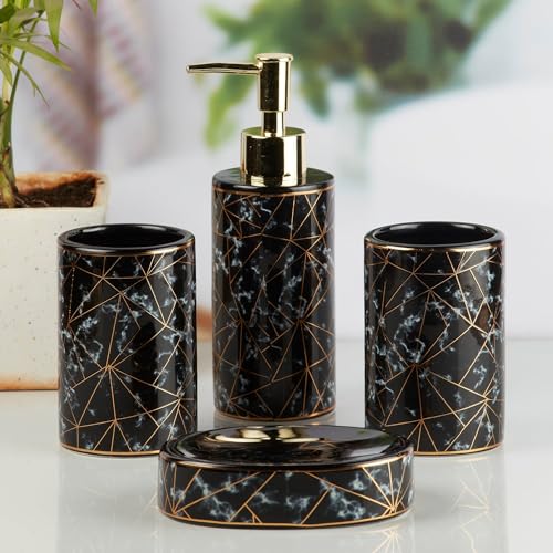 Image of SaSaSa Ceramic Bathroom Accessories Set of 4 Modern Bath Set with Soap Dispenser & Toothbrush Holder, Luxury Home & Gift Idea, Black /Gold (10199)