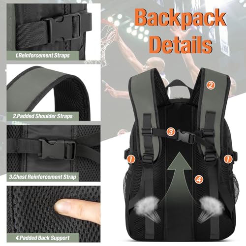 Mochila de baloncesto gris OCKLILY para hombre con compartimento para zapatillas y balón 4