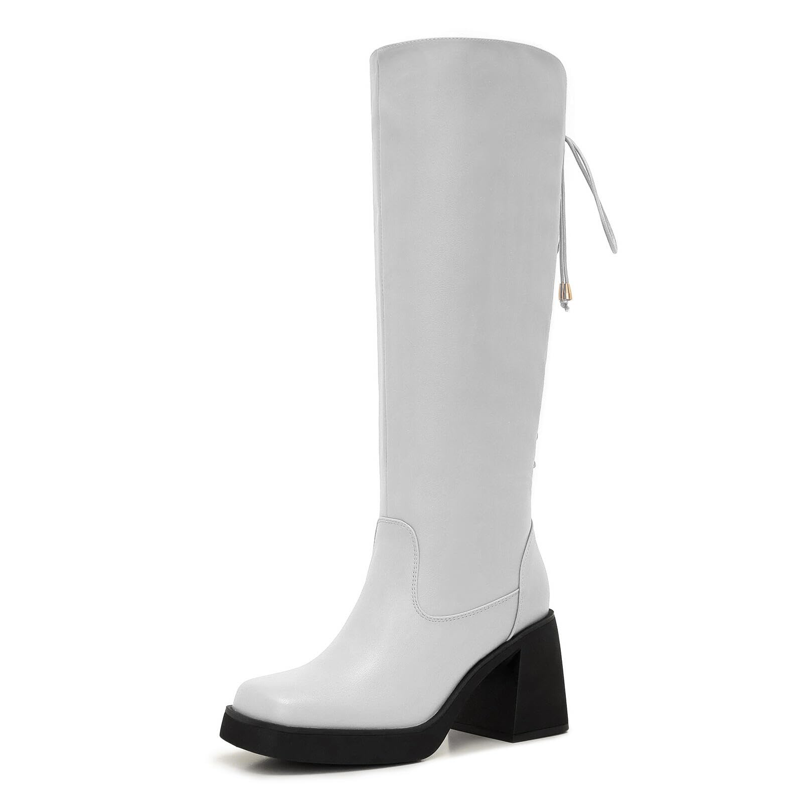 Wide Calf Knee High Boots for Women Plus Size Chunky Heel Boots with Adjustable Lace-Up Back