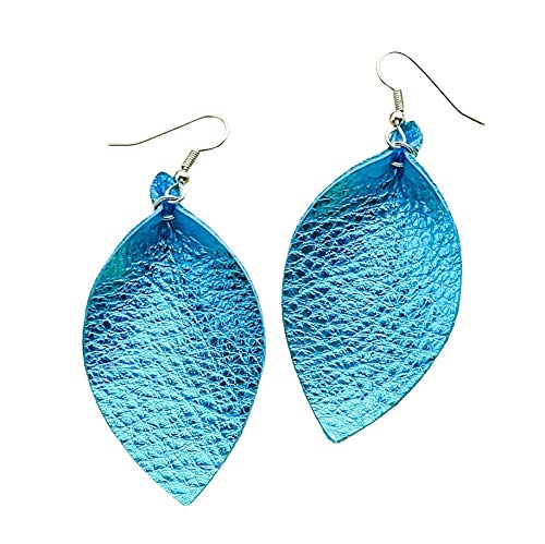 Genuine Leather Earrings/Metallic Aqua/Leather Leaf Earrings/Medium / 2.5