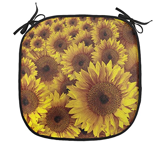 Lunarable Sunflower Chair Cushion Pads Set of 4, Vintage Rustic Grunge Sunflowers Field Blooms Botanical Natural Petals, Anti-Slip Seat Padding for Kitchen & Patio, 16