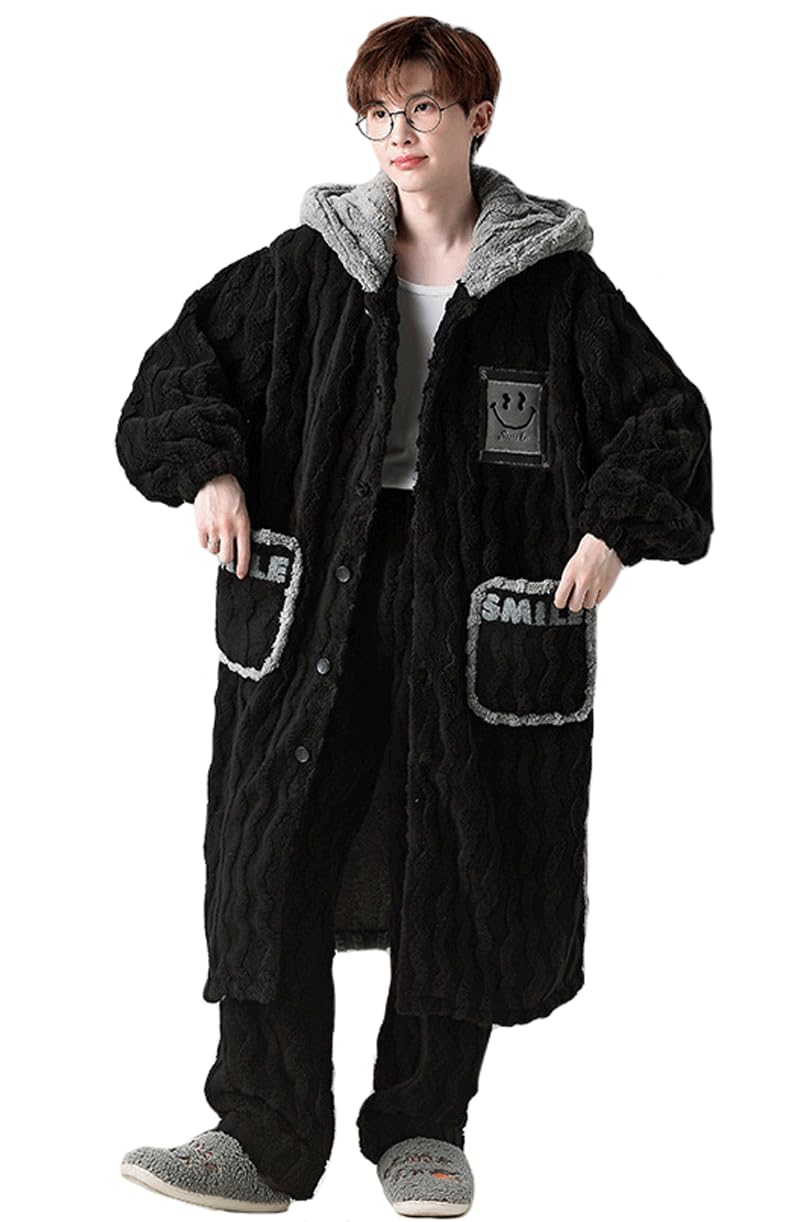 LVTFCO Autunno e Inverno Vestaglia ，Gli uomini di taglia superiore con cappuccio avvolgono il bagno, set di 2 accappatoio in velluto di corallo bottoni fini