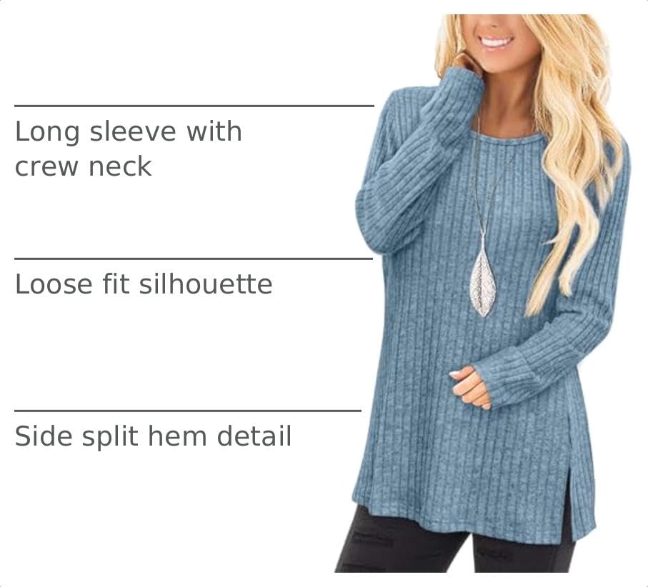 Image of Jescakoo Long Sleeve Shirts for Women Crew Neck Fall Tops Side Split Lightweight Tunic Sweaters Fashion Clothes 2026 S-4XL