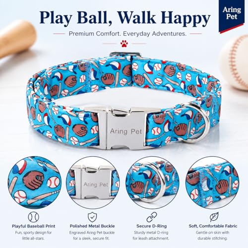 Image of ARING PET Boy Dog Collar for Puppy Small Medium Large Dogs-Blue Baseball XS | Cute Male Heavy Duty Pet Collars with Metal Buckle for XS S M L XL Dogs, for Daily Walk Sport Watch Trip Outings Photoshoots
