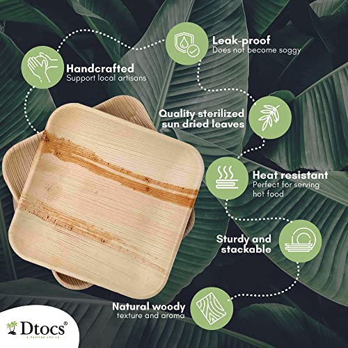 Dtocs Palm Leaf Plate Combo (50) - Square - 10 Inch (25) Dinner, 7 Inch (25) Dessert | Bamboo Look Eco-Friendly, Compostable, Biodegradable Disposable Plates For Wedding, Camping, Parties. #TOP1