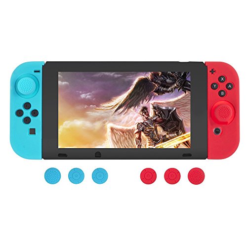 Nintendo Switch Funda de Silicona Protector Antideslizante de Silicona Para Mandos Joy-Con de Nintendo Switch (Rojo/Azul) Tapas Joystick y Cubierta Protectora de Silicona Para Consola - GEMYON