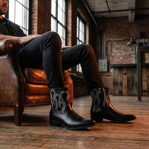 Men's Black Leather Western Cowboy Ankle Boots, Embroidered Flame Design, Side Zipper, Pointed Toe (black, standard, Adult, Men, 12, Numeric, US Footwear Size System, Medium) — view 2