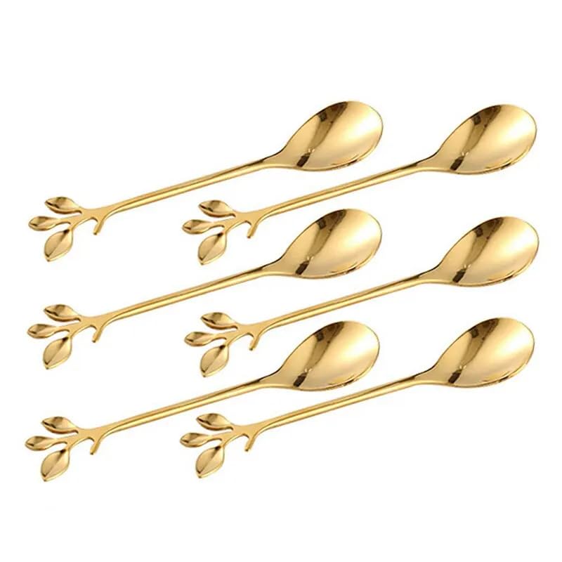 Juego de 6 cucharas doradas de acero inoxidable con personalidad creativa, cuchara de hoja de árbol, cuchara de café, cuchara de té, hogar, restaurante, postre, cubertería, 6 piezas, color dorado
