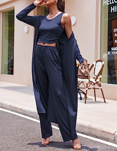 Image of Ekouaer Women's 3 Piece Lounge Set Pajama Long Sleeve Cardigan Sleeveless Top Pants Sweatsuit S-XXL